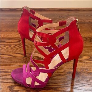 Jessica Simpson Strappy Red and Purple Faux Suede Heels Size 9.5